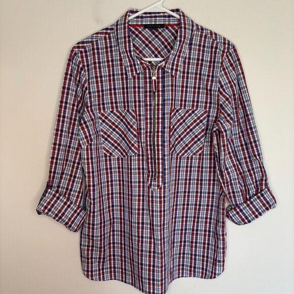 TIMMY HILFIGER Half Zip Blouse Womens L Red White Blue Roll Tab Sleeve - Picture 1 of 8